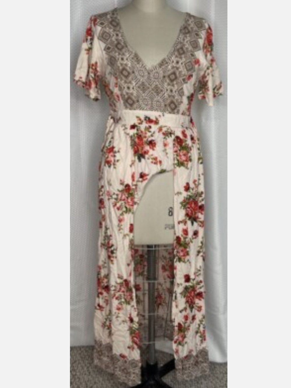 Angie Cream Floral Embroidered V-Neck Boho Tiered Jumpsuit with Red Roses 0005
